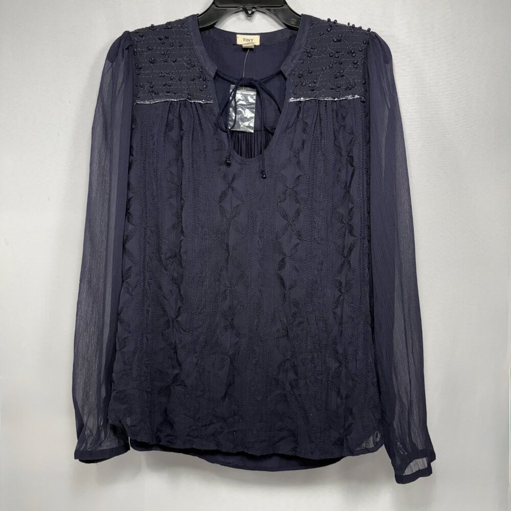 Boho TINY Anthropologie Navy Blue Embroidered Sheer Sleeve Blouse Size M Medium